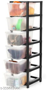 Transparent black plastic drawer organizer system, 6 layer storage solution for clothes, toys, shoes etc., ideal for decluttering home space